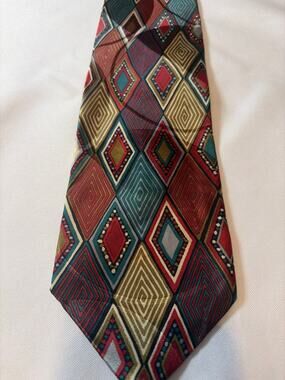 Ondee 100% Silk Men’s Tie Geometric Diamond Print Teal Red Gold Vintage